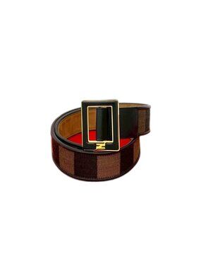 Fendi Pecan Pattern Stripe FF Logo Buckle Canvas Leather Belt